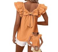 TUUHAW Tunika Damen Große Größen Sommer Niedliche Kurzarm Top mit Schleife am Rücken Süße Oberteile Fließende Elegante Volant Paspel Rüschen T-Shirt Lässig Outfits Chiffon Kleidung Orange 2XL