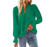 TUUHAW Tunika Damen Langarm Boho Bluse Herbst Top Oberteile Fließend Spitze Rüschen Süß Elegant V-Ausschnitt Frühling T Shirt Lässig Outfits Winter Kleidung Smaragdgrün XL