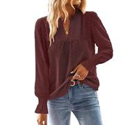 TUUHAW Tunika Damen Langarm Boho Bluse Herbst Top Oberteile Fließend Spitze Rüschen Süß Elegant V-Ausschnitt Frühling T Shirt Lässig Outfits Winter Kleidung Weinrot XL