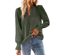 TUUHAW Tunika Damen Langarm Boho Bluse Herbst Top Oberteile Fließend Spitze Rüschen Süß Elegant V-Ausschnitt Frühling T Shirt Lässig Outfits Winter Kleidung Grün XL