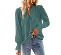 TUUHAW Tunika Damen Langarm Boho Bluse Herbst Top Oberteile Fließend Spitze Rüschen Süß Elegant V-Ausschnitt Frühling T Shirt Lässig Outfits Winter Kleidung Cyan XL