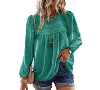 TUUHAW Tunika Damen Langarmshirt Herbst Boho Bluse Fließend Elegant Tunika Rundhals Top Oberteile Lässig Winter Frühling Outfits Spitze Kleidung Longshirt Langarm Türkis L