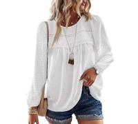 TUUHAW Tunika Damen Langarmshirt Herbst Boho Bluse Fließend Elegant Tunika Rundhals Top Oberteile Lässig Winter Frühling Outfits Spitze Kleidung Longshirt Langarm Weiß XS