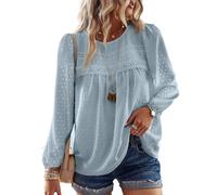 TUUHAW Tunika Damen Langarmshirt Herbst Boho Bluse Fließend Elegant Tunika Rundhals Top Oberteile Lässig Winter Frühling Outfits Spitze Kleidung Longshirt Langarm Graugrün L