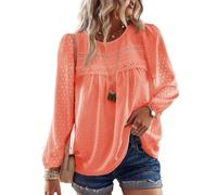 TUUHAW Tunika Damen Langarmshirt Herbst Boho Bluse Fließend Elegant Tunika Rundhals Top Oberteile Lässig Winter Frühling Outfits Spitze Kleidung Longshirt Langarm Knallorange L