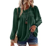 TUUHAW Tunika Damen Langarmshirt Herbst Boho Bluse Fließend Elegant Tunika Rundhals Top Oberteile Lässig Winter Frühling Outfits Spitze Kleidung Longshirt Langarm Dunkelgrün XS