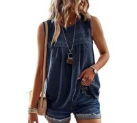 TUUHAW Tunika Damen Sommer Boho Bluse Ärmellose Tank Top Oberteile Fließend Rüschen Süß Elegant Rundhal T Shirt Lässig Frühling Herbst Outfits Lässige Sexy Kleidung Swiss Dots Cami Top Dunkelblau XL