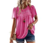 TUUHAW Tunika Damen Sommer Boho Bluse Kurzarm Top Oberteile Fließend Spitze Rüschen Süß Elegant Rundhals T Shirt Lässig Outfits Frühling Spitze Herbst Kleidung Knallrosa XL