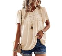 TUUHAW Tunika Damen Sommer Boho Bluse Kurzarm Top Oberteile Fließend Spitze Rüschen Süß Elegant Rundhals T Shirt Lässig Outfits Frühling Spitze Herbst Kleidung Aprikose M