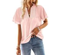 TUUHAW Tunika Damen Sommer Boho Bluse Kurzarm Top Oberteile Fließend Spitze Rüschen Süß Elegant V-Ausschnitt T Shirt Lässig lockere Passform Outfits Frühling Spitze Herbst Kleidung Hellrosa M