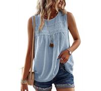 TUUHAW Tunika Damen Sommer Boho Tank Bluse Ärmellose Top Oberteile Fließend Trägertop Süß Elegant Rundhalsausschnitt Casual T Shirt Lässig Outfits Frühling Spitze Herbst Keyhole Lose Kleidung Blau M