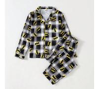 Tween Jungen Cartoon Muster Karomuster Langarm Top & Hose Pyjama Set für Zuhause Tragen Kragen Knopf 2-teilig Herbst/Winter weich gemütlich süß Lounge
