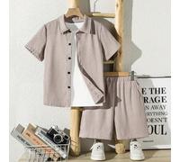 Tween Jungen Sommer lässig Urlaubs- und Alltagskleidung Set aus einfarbigem Waffelpiqué Kurzarmhemd und Shorts
