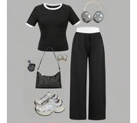 Tween-Mädchen 2 Stücke Frühling/Sommer gestricktes Streifenkontrast Lässig Passform Basis T-Shirt & Kontrast Taille locker Taschen Hose Set, Lässig Sp