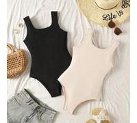 Tween-Mädchen 2-teiliger lässiger, ärmelloser Jumpsuit aus Rippstrick mit U-Ausschnitt, Schwarz und Khaki