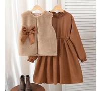 Tween-Mädchen 2-teiliges Herbst-Outfit - Ärmellose Weste mit Schleife aus Kunstpelz in Unifarbe + Lässig Kleid aus Cord