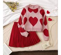 Tween-Mädchen 2-teiliges Herbst-/Winter-Set aus langärmligem Pullover mit Rundhalsausschnitt und gestricktem Minirock mit Herzmuster, neuer Artikel. G