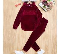 Tween-Mädchen 2-teiliges lässiges, elegantes Drop-Shoulder Samt-Kapuzenpullover-Pullover-Set mit lockerem Sweatshirt mit 3D-geprägtem Slogan und Leggi