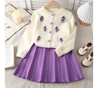 Tween-Mädchen 2 teiliges lila lässiges und elegantes Strickpullover-Set, Strickjacke mit Faltenrock, bequem und warm für den Alltag, Partys, Herbst un