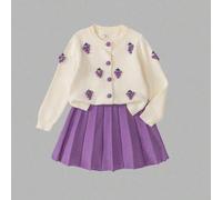 Tween-Mädchen 2 teiliges lila lässiges und elegantes Strickpullover-Set, Strickjacke mit Faltenrock, bequem und warm für den Alltag, Partys, Herbst un