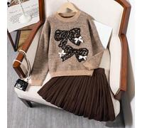 Tween-Mädchen 2-teiliges Pullover-Set, Khaki- und Brauntöne mit Faltenrock mit Schleife und Leopardenmuster, lockere Silhouette im Y2K-Stil und vielse