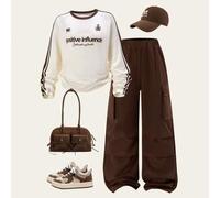 Tween-Mädchen 2-teiliges Set: Aprikosenfarbenes, farblich abgesetztes Oberteil mit Rundhalsausschnitt und Raglanärmeln sowie braune Cargohose. Geeigne