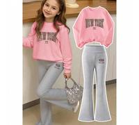 Tween-Mädchen 2-teiliges Set aus Kapuzenpullover und Jogginghose, modisch und lässig, mit New-York-City-Slogan-Print, langärmliges Sweatshirt mit Rund