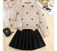 Tween-Mädchen 2-teiliges Set aus Pullover mit Rundhalsausschnitt und einfarbigem schwarzen Faltenrock mit Herzmuster für den Alltag, legere Anlässe, w