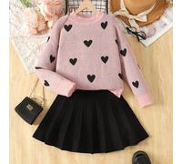 Tween-Mädchen 2-teiliges Set, Drop-Shoulder Rundhalspullover mit Herzmuster und einfarbigem schwarzen Faltenrock, für den täglichen Gebrauch, lässige