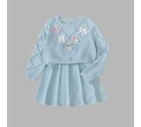 Tween-Mädchen 2-teiliges Strickset, bezaubernder Pullover mit 3D-Schleifendekor und Faltenrock, süßes und elegantes Winteroutfit