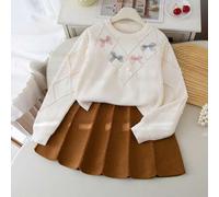Tween-Mädchen 2-teiliges Strickset, süßer Pullover mit 3D-Schleife und Faltenrock, bezaubernd und elegant, süße Winter-Schulkleidung, Teenager-Röcke-S
