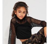 Tween-Mädchen 3-teiliges Outfit-Set aus lässig-schickem Netz-Langarmoberteil mit Kapuze, geripptem Strick-Tanktop und Camouflage-Cargohose