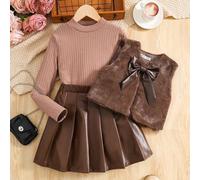 Tween-Mädchen 3-teiliges Outfit-Set, geripptes T-Shirt mit Stehkragen und langen Ärmeln in schmaler Passform, Faltenrock aus PU, flauschige Strickjack