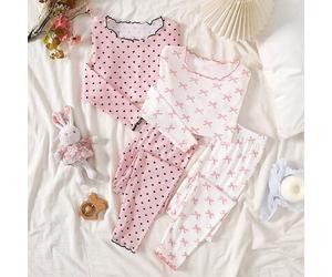 Tween-Mädchen 4-teiliges, weiches und bequemes Pyjama-Set mit rosa Schleife und schwarzem Punktmuster, Langarmshirt und Hose, Herbst-/Winter-Hauskleid