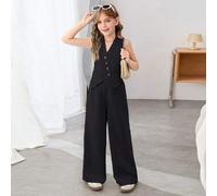 Tween-Mädchen Ärmelloses Webtop Nova Glow mit asymmetrischem Saum und Knöpfen, gepaart mit entspannter Hose mit geradem Bein, 2-teiliges Set, elegante