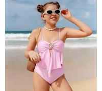 Tween-Mädchen Bikini 2-teilig mit Blumenmuster, Spaghettiträger, geeignet für Frühlings-/Sommerurlaub, rosa Schleife Badeanzug, rosa 3-teiliges Badean