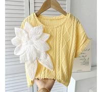 Tween Mädchen Casual Elegant Strass Handgemacht 3D Blumen Dekor Rundhals Loose Strick T-Shirt mit Drop Shoulder