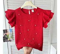 Tween Mädchen Frühling/Sommer Lässig Elegant Perlen Rüschen Kappe Ärmel Gewebt Texturiert Rundhals Bluse Top Rot Tween Mädchen