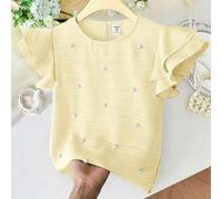 Tween Mädchen Frühling/Sommer Lässig Elegant Perlen Rüschen Kappe Ärmel Gewebt Texturiert Rundhals Bluse Top Gelb Tween Mädchen
