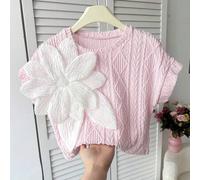 Tween-Mädchen Große Größen Lässig Elegant Strass Handgemacht 3D Blumen Dekor Rundhals Raglanärmel Strukturiertes Loose Knit T-Shirt