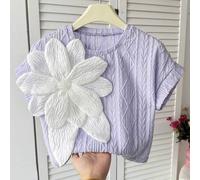 Tween-Mädchen Große Größen Lässig Elegant Strass Handgemacht 3D Blumen Dekor Rundhals Raglanärmel Strukturiertes Loose Knit T-Shirt