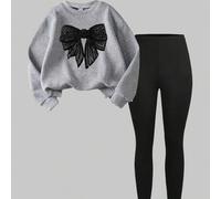 Tween-Mädchen Herbst 2-teiliges Set, lässige Mode kreative Glitzer Schleife Dekor Muster warme bequeme Outfit, Sweatshirt mit Rundhalsausschnitt und L