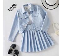 Tween Mädchen Herbst Outfits 3 Stücke/Set Aqua Blau Weiß Perlen Knopf Reißverschluss Strickjacke mit weißem geripptem Tanktop Herbst Schulanfang Lässi