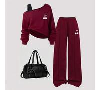 Tween Mädchen Kirschen Muster asymmetrischer Kragen Sweatshirt und gerade geschnittene Hose Lässig Set