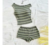 Tween Mädchen Lässig asymmetrisches strukturiertes gestreiftes Crop Off-Shoulder T-Shirt und Shorts 2 Stücke Set, Urlaubs 2 Stücke Set, Boho