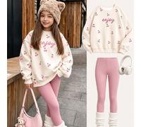 Tween Mädchen Lässig Dick Warm Cremeweiß Vintage Süß Mini Kirschen Muster Locker Rundhals Pullover Sweatshirt & Weich Lässig Angora Rot Leggings 2 Stü