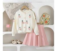 Tween-Mädchen Lässig-schickes, süßes, weiches und schlichtes, elegantes Strickset, 2-teilig - Langarm-Cardigan und Faltenrock, geeignet für Zuhause, A