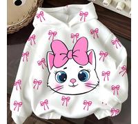 Tween Mädchen Lässig Süßes Cartoon Katzen Muster, Polka Dot Schleife, Cremeweiß, Dickes Weiches Bequemes Kapuzen-Sweatshirt, Geeignet für Herbst/Winte