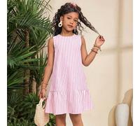 Tween Mädchen Lässig Zuhause Urlaub Rundhals Gewebt Klassisch Vintage Gestreift Patchwork Gerafft A-Linie Locker Ärmellos Kleid Rosa Mutter-Tochter Ko