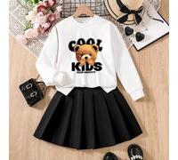 Tween-Mädchen Langarmshirt mit Rundhalsausschnitt und einfarbigem Faltenrock mit Cartoon-Print